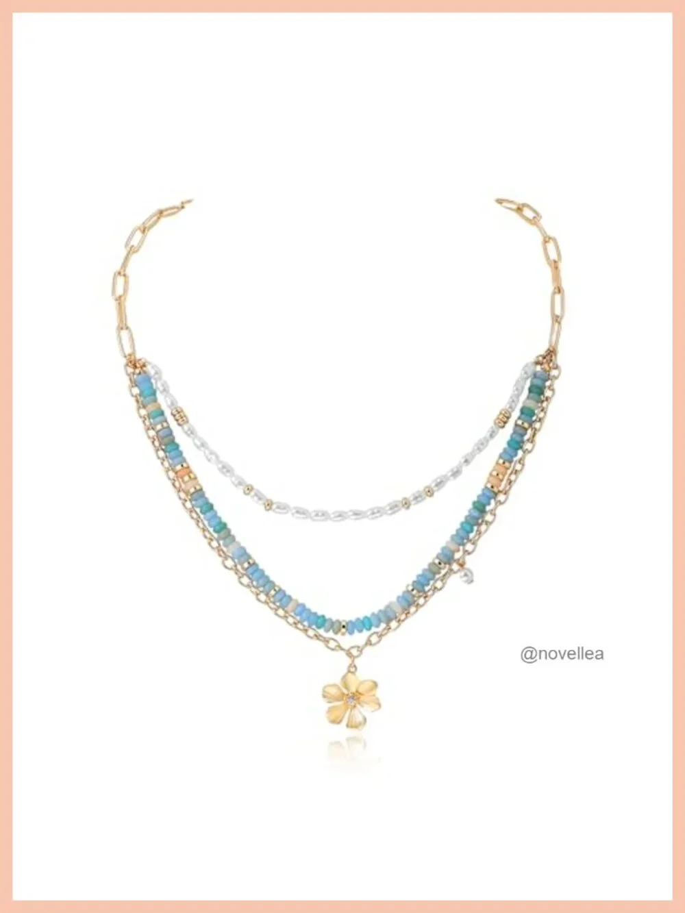 Layered Beaded Necklace with Flower Pendant, Acrylic & Pearl-Like Beads,